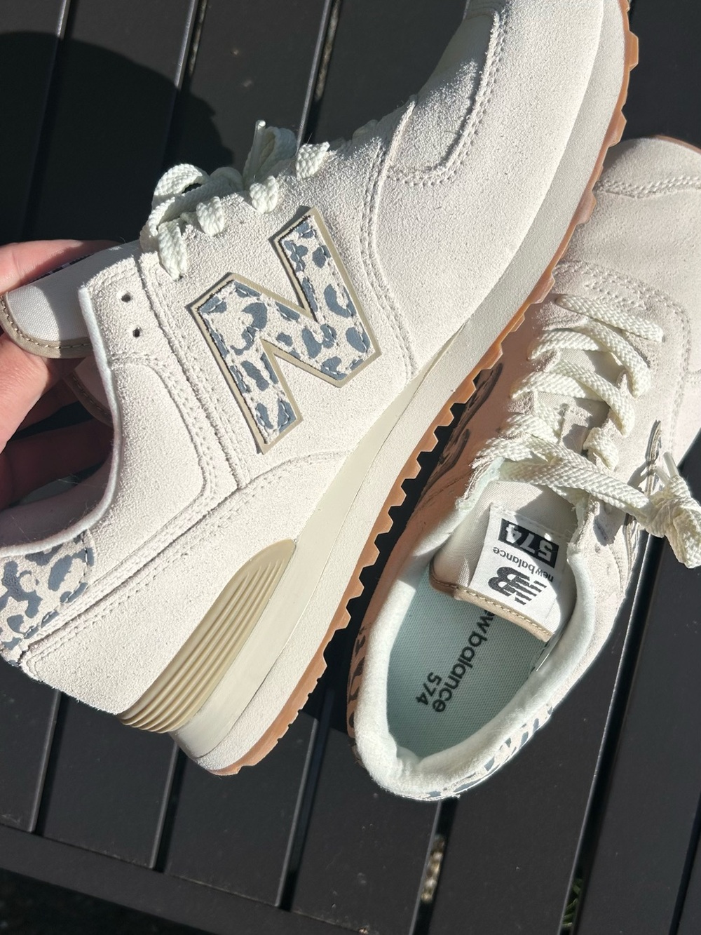 New Balance Cream and Gum Lace-Up Sneakers with Leopard N Accent